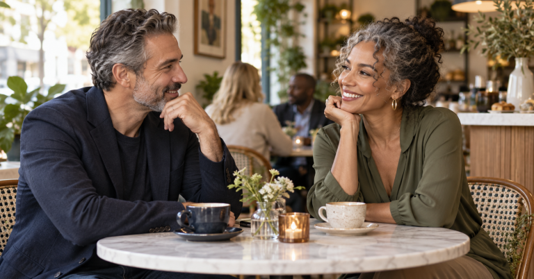 Two adults over 40 enjoying a relaxed conversation at a cafe