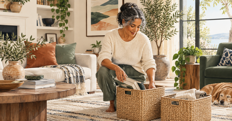 Woman over 40 organizing books and baskets in a calm living room