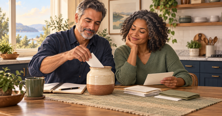 Couple over 40 setting aside savings together at a kitchen table