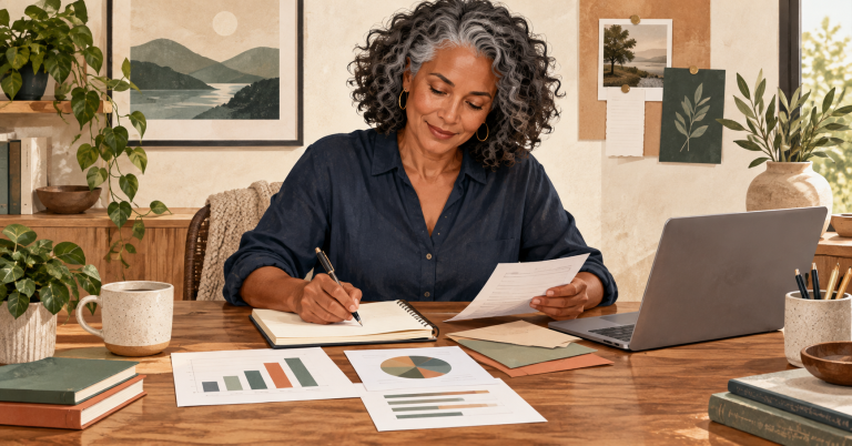 Woman over 40 calmly organizing a realistic household financial plan