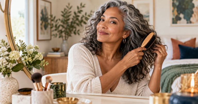 Woman over 40 styling silver-streaked hair at a bright vanity