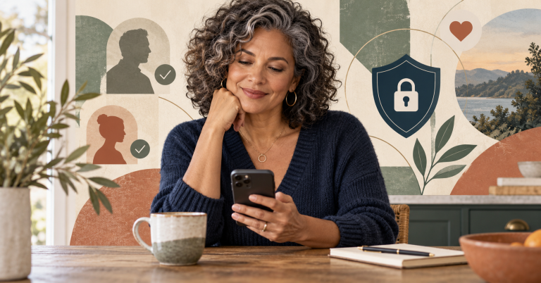 Woman over 40 using a smartphone with calm privacy and safety symbols