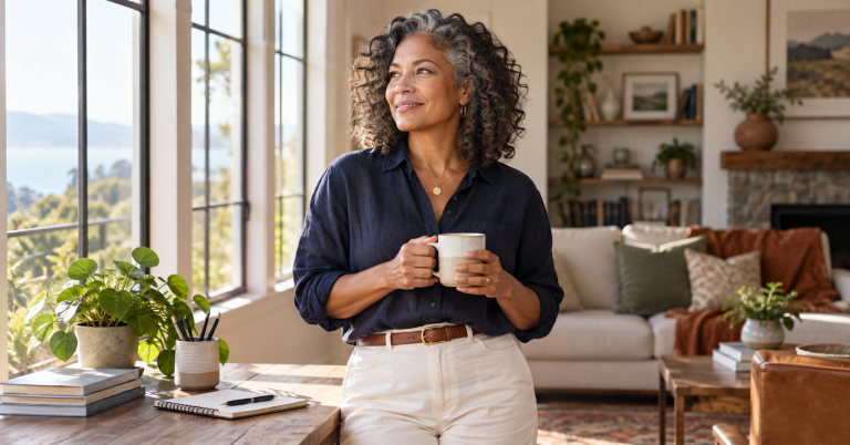 Confident woman over 40 reflecting on a new chapter at home
