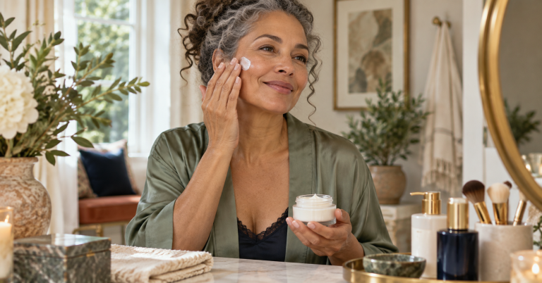 Woman over 40 applying moisturizer during a simple beauty routine